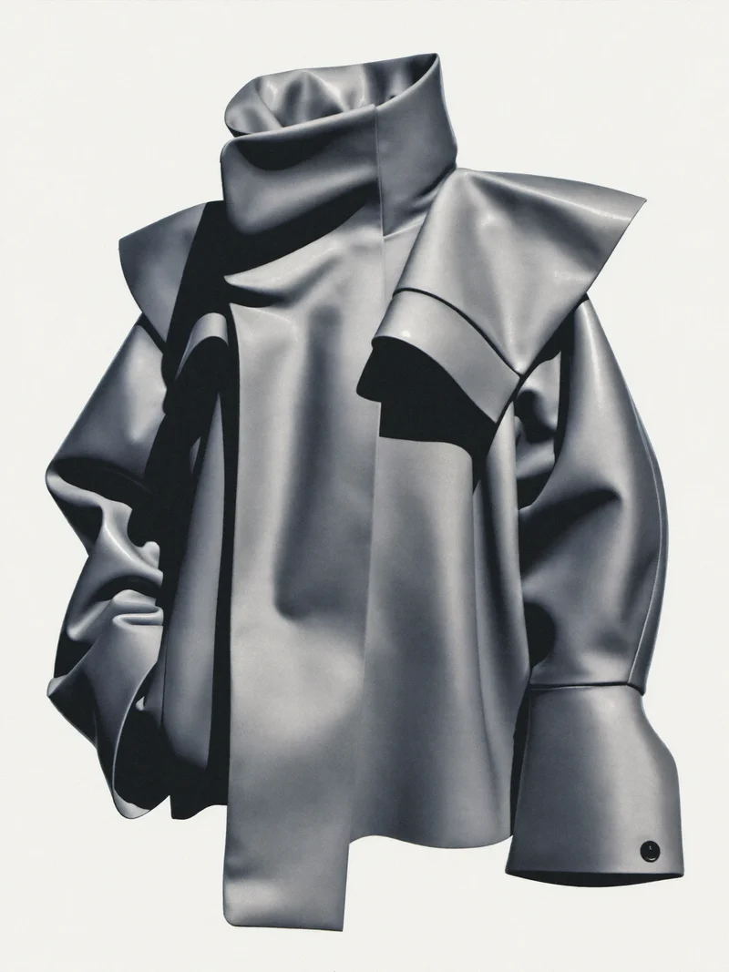Studio illustrato di giacca oversize in tessuto tecnico color pietra