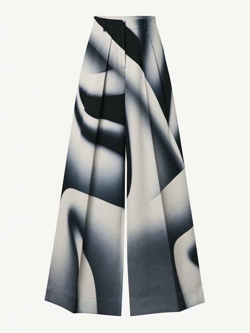 Studio illustrato di pantaloni ampi plissettati con cuciture curve